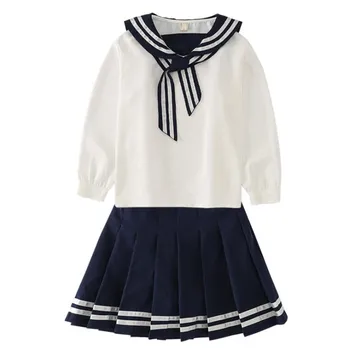 Merginos JK Vienodai Tiktų 2021 M. Pavasarį, Rudenį Vaikų Klostuotas Sijonas + Sailor Marškinėliai Nustatyti Kolegijos Stiliaus drabužiai 3-14 Metų