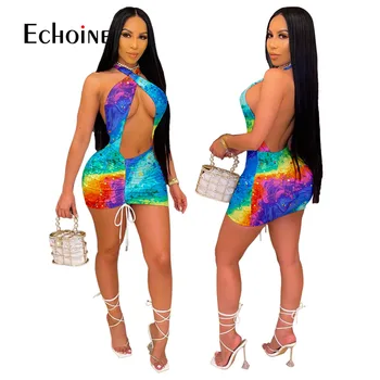 Echoine 2021 Moterų Kaklaraištis Dažų Spausdinti Vasaros Seksuali Suknelė Elastinga Rankovių Apynasrio Tuščiaviduriai Iš Mini Suknelės, Šaliai, Naktinis Klubas vestidos