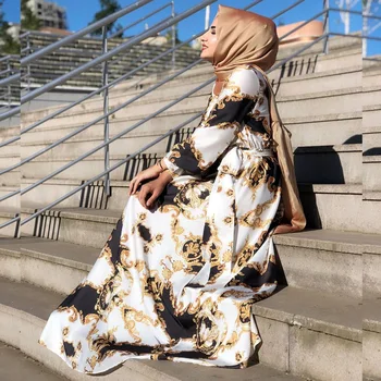 Ramadanas Eid Mubarakas Šilko Satino Abaja Musulmonų Spausdinti Kimono Suknelė, Hijab Arabų Rūbeliai Vestidos Turkija Afrikos Dashiki Islamo Apranga