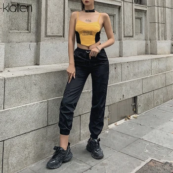 KLALIEN spausdinimo camisole moterys vasarą 2020 m sexy high street apkarpyti viršūnes juoda geltona Kratinys mados paprasta estetinės marškinėliai