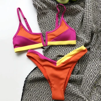 Seksualus kratinys briaunoti maudymosi kostiumėlį Derliaus colorblock bikini 2021 Aukštos sumažinti maudymosi kostiumėliai moterims, push up Bandeau maudymosi kostiumas, Paplūdimio drabužiai