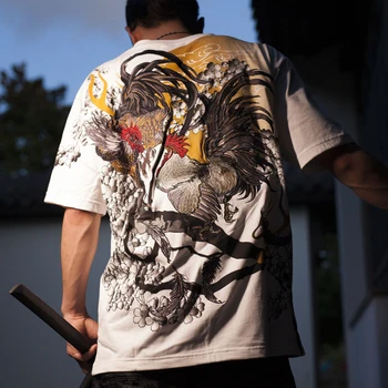 2021 m. Vasarą Naujas Originalus Siuvinėjimo Yokosuka Vyrai ir Moterys, Poros Apvalios Kaklo trumparankoviai marškinėliai Ukiyo-e Gaidys Siuvinėjimas