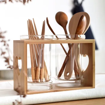 Japonija Stiliaus Stiklo Lazdelės Konteineriai su Mediniais Turėtojas Virtuvės Šaukštu, Puodai Konteinerių Namų Virtuvėje Saugojimo Organizatorius