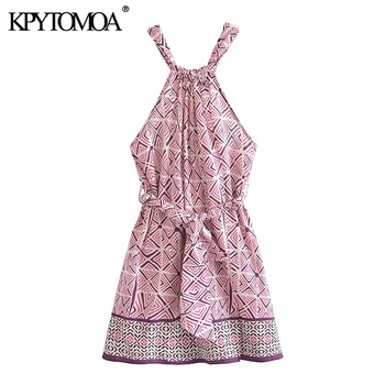 KPYTOMOA Moterų 2021 Mados Su Diržo Geometrinis Spausdinti Mini Apynasrio Suknelė Vintage Backless Platus Dirželiai Moterų Suknelės, Vestidos