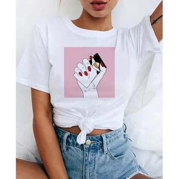 2021 Juokinga Rankas ir Pakilo Marškinėliai Rankas spausdinimo Tee Moterims Streetwear T-shirt Japonų Anime Hipster Viršūnės