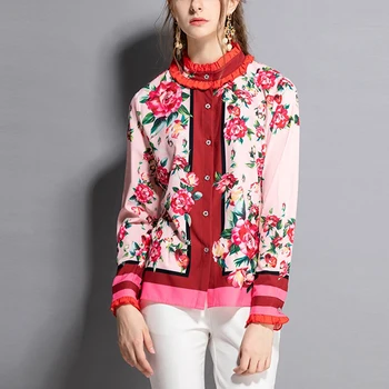 2021 m. pavasarį, rudenį moterims, elegantiška Susiėmę marškinėliai pink gėlių spausdinti kilimo ir tūpimo tako palaidinė jauna mergina kokybės marškinėliai