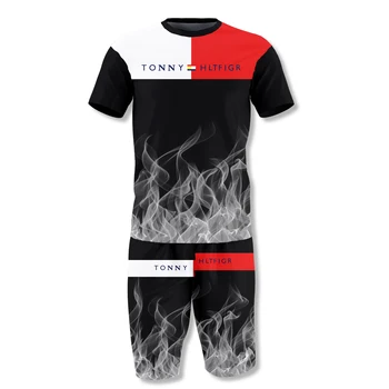Vyriški sportiniai tiktų marškinėliai + šortai treniruotės drabužius 2-piece set liepsnos raidžių 3D kūrybos spausdinimas trumparankoviai sportinę aprangą
