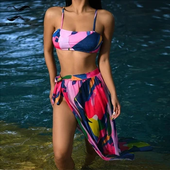3 Gabalas Bikini Komplektas Spalvinga Plaukimo Kostiumas Moterims Paplūdimio Wrap Bikini Padengti Iki Paplūdimio Drabužiai Paplūdimio Coverups Moterims
