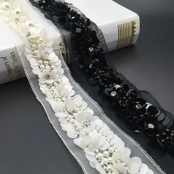 2Yards Baltos Puošnios China 3D Gėlių Nėrinių Apdaila Crystal Pearl Juostelę Siuvimo, Drabužių Apykaklės Priedai Akių Nėrinių Apdaila