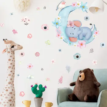 Animacinių filmų baby dramblys gulėti ant pusmėnulio sienų lipdukai vaikų kambario, miegamojo, apdailos lipnios sienos lipdukai