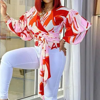 Rožinė spausdinti žibintų rankovėmis palaidinė 2021 m. pavasarį, rudenį moterų nėriniai trumpas topai marškinėliai moteriška elegantiškos mados viršūnes afrikos stilius