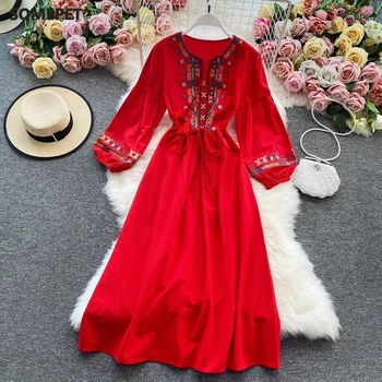 Lino Suknelė Moteris Siuvinėjimo Ilgomis Rankovėmis Suknelė Elegantiškas Etninės Boho Bohemijos Baltos Spalvos Drabužius, Paplūdimio Suknelės Moterims Šalis Raudona