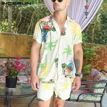 INCERUN Vasaros Spausdinti Vyrų Rinkiniai Streetwear Trumpas Rankovės Atsitiktinis Marškinėliai Paplūdimio Šortai 2 vnt Atostogų 2021 Vyrų Havajų Kostiumai 3XL