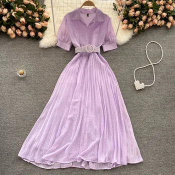 Vasaros elegantiška suknelė su diržo 2021 temperamentas POLO apykakle plonas ilgas klostuotas šifono saldus polka-dot suknelė moterims Bohemijos suknelė