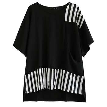 DIMANAF 2021 Moterys T-Shirt Juostele Kratinys Stilių Lino Atsitiktinis Pagrindinio Ponios Vintage Marškinėliai, Mados Vasaros Naujas Viršūnes Negabaritinių