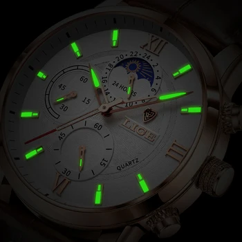 LIGE2021 Top Brand Prabangos, laisvalaikio Laikrodžiai Odinis dirželis Mėnulio Fazės Vyrų laikrodis atsparus Vandeniui Šviesos Kvarcinis Laikrodis Reloj Hombre