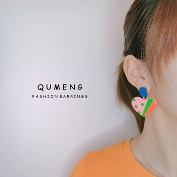 QUMENG 2020 naujas akrilo širdies formos lašas auskarai moterų korėjos paprasta ir elegantiška, Spalvinga mados juvelyrika