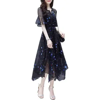 MISSKY Moterų Suknelė trumpomis Rankovėmis V-Kaklo Elegantiškas Vasarą Mandarinų Rankovės Nereguliarus Atspausdintas Šifono Suknelė Moterų Drabužiai