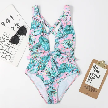 Ponios Biquinis Giliai V Kaklo maudymosi kostiumėlį Mados Gėlių Spausdinti vientisas Paplūdimio Drabužiai 2021 Seksualus Maudymosi Kostiumą Moterų Maudymosi Kostiumą, Bikini