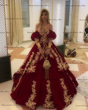 Raudona arabų Satino Vakaro Suknelės Kamuolys Suknelė nuo Peties Nėrinių Aplikacijos Vestuves Chalatai Tradicinių Kosovo vestidos 2021