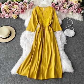 Ilgomis Rankovėmis Rudenį 2021 Šalies Prabanga Pavasario Tako-Line Suknelė Siuvinėjimų Suknelės Moterims Derliaus Elegantiškas Aukštos Juosmens