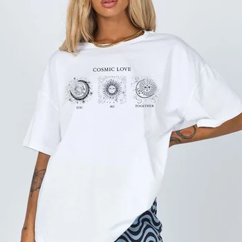 Kosminės Saulės, Mėnulio Spausdinti Estetinės Negabaritinių Marškinėliai Derliaus Dangaus Grafinis Tees Mielas Streetwear Viršūnes Moterų marškinėliai Drabužių