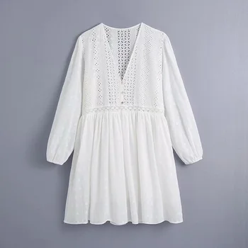 Za Balta Suknelė Moterims Cutwork Siuvinėjimo Mini Suknelės Moteris Vasarą 2021 Plisuotos Atsitiktinis Suknelės Ponios Derliaus Trumpas Vestidos