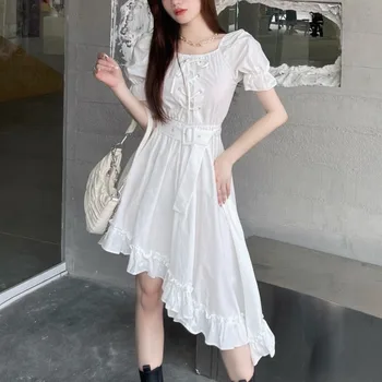 Korėjos Elegantiškas Atsitiktinis Vasaros Suknelė Moterims Aikštėje Apykaklės Derliaus Sluoksniuotos Rankovėmis Nereguliarus Ilgas Šalis Suknelė Moterų Vestidos 2021 Naujas