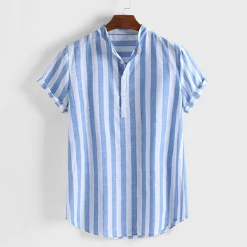 Harajuku T-Shirt Mens Dryžuotas Medvilnės Skalbiniai Henry Colla Prarasti Trumpas Rankovės Atsitiktinis Mygtukai t-Shirt camisetas hombre verano