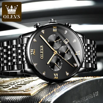 OLEVS Sporto Chronograph Mens Watches Top Brand Prabanga Full Steel Kvarcinis Laikrodis atsparus Vandeniui Black Dial Watch Vyrų Relogio Masculino