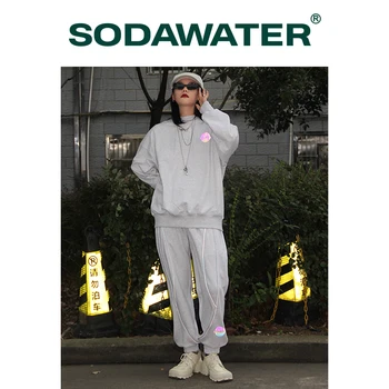 SODAWATER Mens Harajuku Tracksuit Nustatyti Streetwear Atspindintis Hip-Hop Crewneck Palaidinukė Ir Sweatpant Nustatyti Vyrų Sportinės aprangos Komplektas