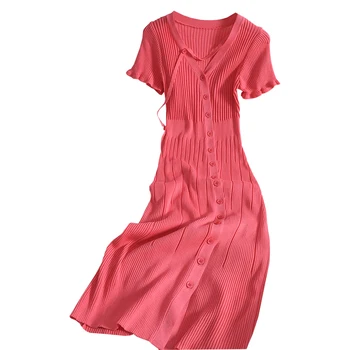 Įstrižai-breasted slim-fit padalinta suknelė vasaros suknelė naują laukinių grybelio trumpas rankovės vientisos spalvos megztas maišelį klubo Vidurio Blauzdos suknelė moterims