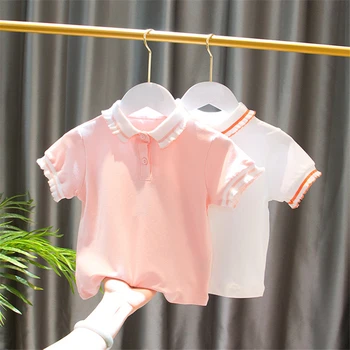 Vasarą naujų mergaičių trumparankoviai marškinėliai, vaikiški polo marškinėliai kūdikių mergaičių nėrinių vaikų drabužiai, žemiausią marškinėliai
