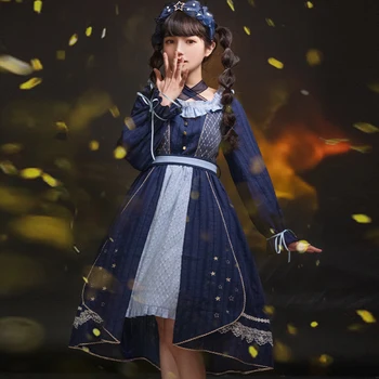 Karinio jūrų laivyno žvaigždėtas dangus Japanese Lolita ilgomis rankovėmis Lo Suknelė Star siuvinėjimo Mergina arbatėlė Saldus princesė Suknelės Kawaii BIURAS Mergaitės Suknelė
