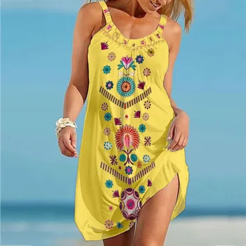Moterų Gėlių Spausdinti Bohemijos Sundress Šalies Paplūdimio Atostogų Kaklaraištis Dažų Kietas Aukštos Ritininės Ilgai Bodycons Suknelė Tunika Sundress R5