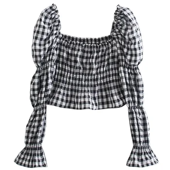 TRAF Moterų 2021 Elastiniai Smocked Susiėmę Apkarpytos Pledas Palaidinės Senovinių Kvadratinių Apykakle ilgomis Rankovėmis Moteriška Marškinėliai Streetwear