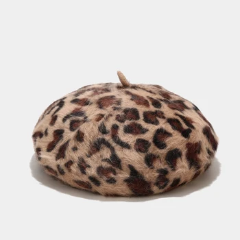 Naujas Mados Leoparded Megzti Beretė Skrybėlę Rudens Žiemos Triušio Kailio Dailininko Bžūp Elagent Šiltas prancūzų Cap Girl Moterims