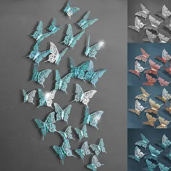 12pcs/set Drugeliai Lipdukai mėlyna Kūrybiškumą Siena Lipdukas Šalies Tuščiaviduriai Lipdukas Vestuvių Dekoro Kambario Dekoro 3D Lipdukai Namų Dekoro