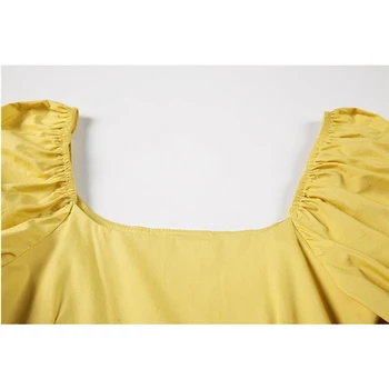 Prancūzijos Derliaus trumpomis Rankovėmis Suknelė Moterų 2021 m. Vasarą Naujų vientisos Spalvos Aukštos Juosmens Aikštėje Apykaklės Elegantiškas Temperamentas Moteriška Suknelė