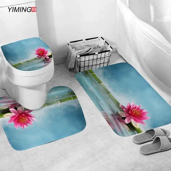 3pcs vonios kambarys, neslidžia kilimų nustatyti Zen lotus bambuko spausdinti tualeto sėdynės pagalvėlės neslidus kilimėlis vonios apdailos rinkinys