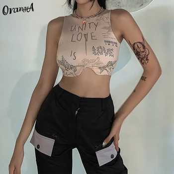OrangeA moterų grafinis tee pasėlių viršų o-kaklo laiškas spausdinti rankovių trumpas tankų atsitiktinis vasaros vest mados streetwear komplektai