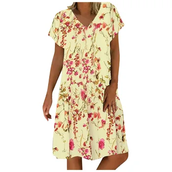 платье летне Baltos spalvos Gėlių Spausdinti Vasaros Šifono Paplūdimio Suknelė 2021 Atsitiktinis V-kaklo trumpomis Rankovėmis-line Moterų 