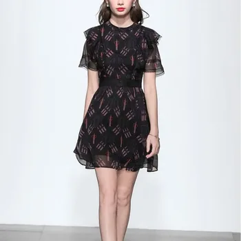Vintage Black Atspausdintas Šifono Ilgos Suknelės Moterims Vasaros 2021 Aukštos Kokybės kilimo ir tūpimo Tako Elegantiškas Plisuotos Maxi Suknelė Vestidos