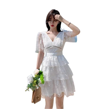 Moterų Baltos Suknelės Vasaros 2021 Mados Naujų Nėrinių Aplikacija Išsiuvinėta Rožė Aukšto Juosmens Tuščiaviduriai V-Kaklo Trumpą Suknelę Ponios