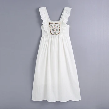 Vasaros Moterų Suknelė 2021 Naujas Mados Gėlių Siuvinėjimas Pinikai Rankovės Šiuolaikinės Panele Balta Midi Sundress