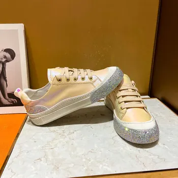 Kalnų krištolas odiniai balti bateliai moterims 2021 m. vasarą naujas minkštas vienintelis vieną batai spalva diamond butas atsitiktinis lace-up sneakers tendencija - 