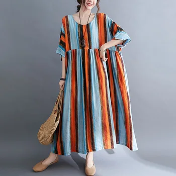 Trumpas rankovės medvilnės derliaus juostele suknelės moterims atsitiktinis palaidų ilgai moteris, vasaros suknelė elegantiškas drabužius 2021 - 