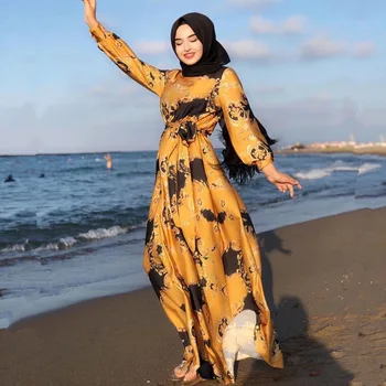 Ramadanas Eid Mubarakas Šilko Satino Abaja Musulmonų Spausdinti Kimono Suknelė, Hijab Arabų Rūbeliai Vestidos Turkija Afrikos Dashiki Islamo Apranga - 