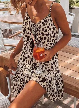 Seksualus Spageti Dirželis Leopardas Spausdinti Beach Trumpas Chalatas, Moteris Suknelė 2021 M. Vasarą Laisvi Atsitiktinis Boho Šalis Suknelės Plus Size Vestidos - 