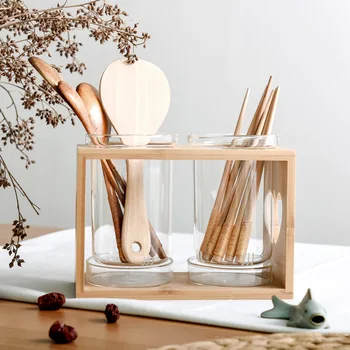 Japonija Stiliaus Stiklo Lazdelės Konteineriai su Mediniais Turėtojas Virtuvės Šaukštu, Puodai Konteinerių Namų Virtuvėje Saugojimo Organizatorius - 